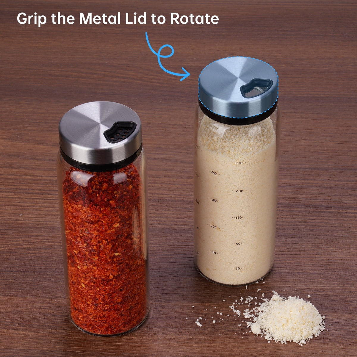NiHome 2-Pack 10oz Spice Shakers with Adjustable Stainless-Steel Lids for Parmesan Cheese, Chili Flakes, Herbs, Salt, Pepper, Borosilicate Glass Seasoning Dispensers, Easy Refill and Dishwasher Safe