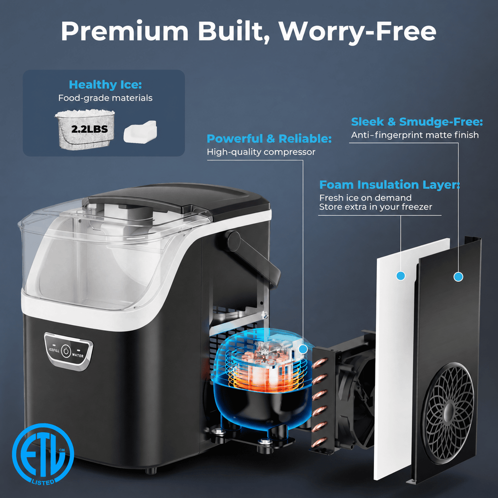 Snowyermine Nugget Ice Maker Countertop with Handle, 35lbs/Day Portable Pebble Ice Machine, Chewable Sonic Ice Ready in 5 Mins, Anti-Fingerprint Matte Self-Cleaning Ice Maker for Home, Kitchen, Party