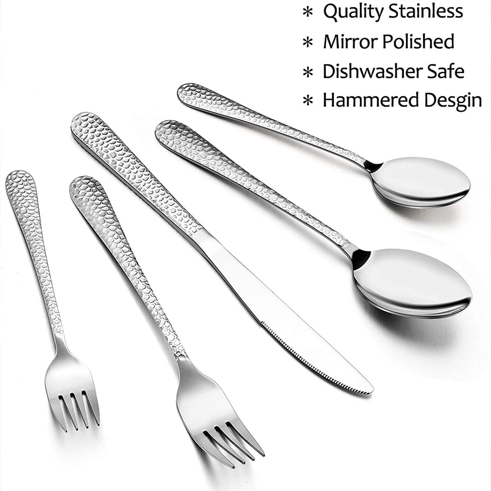 Vesteel Hammered Silverware Set, 40-Piece Stainless Steel Flatware Cutlery Set for 8, Includes Knives, Forks, Spoons, Mirror Polished & Dishwasher Safe