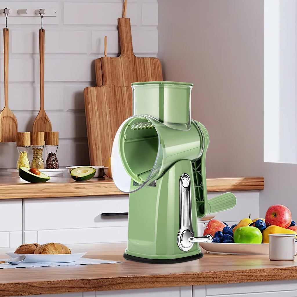Pukomc Rotary Cheese Grater with Handle- 5 Blades, Suction Base, Mandoline Slicer & Veg Shredder with Blade Storage Box(Green)
