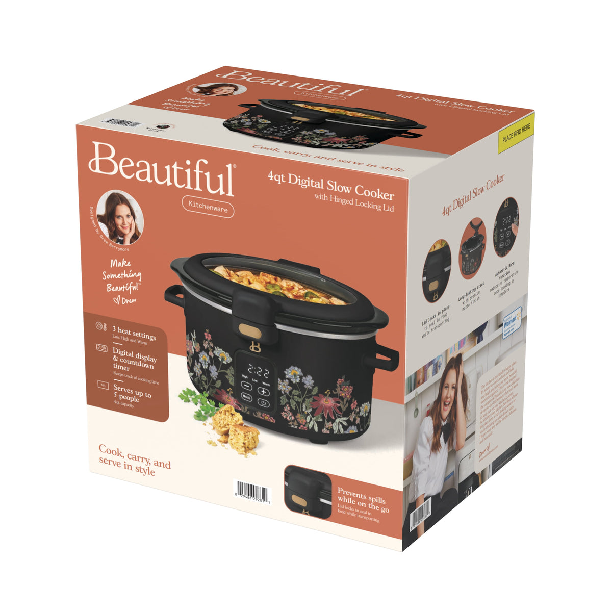 Beautiful 4 Qt Digital Slow Cooker with Hinged Locking Lid, Thyme Green by Drew Barrymore