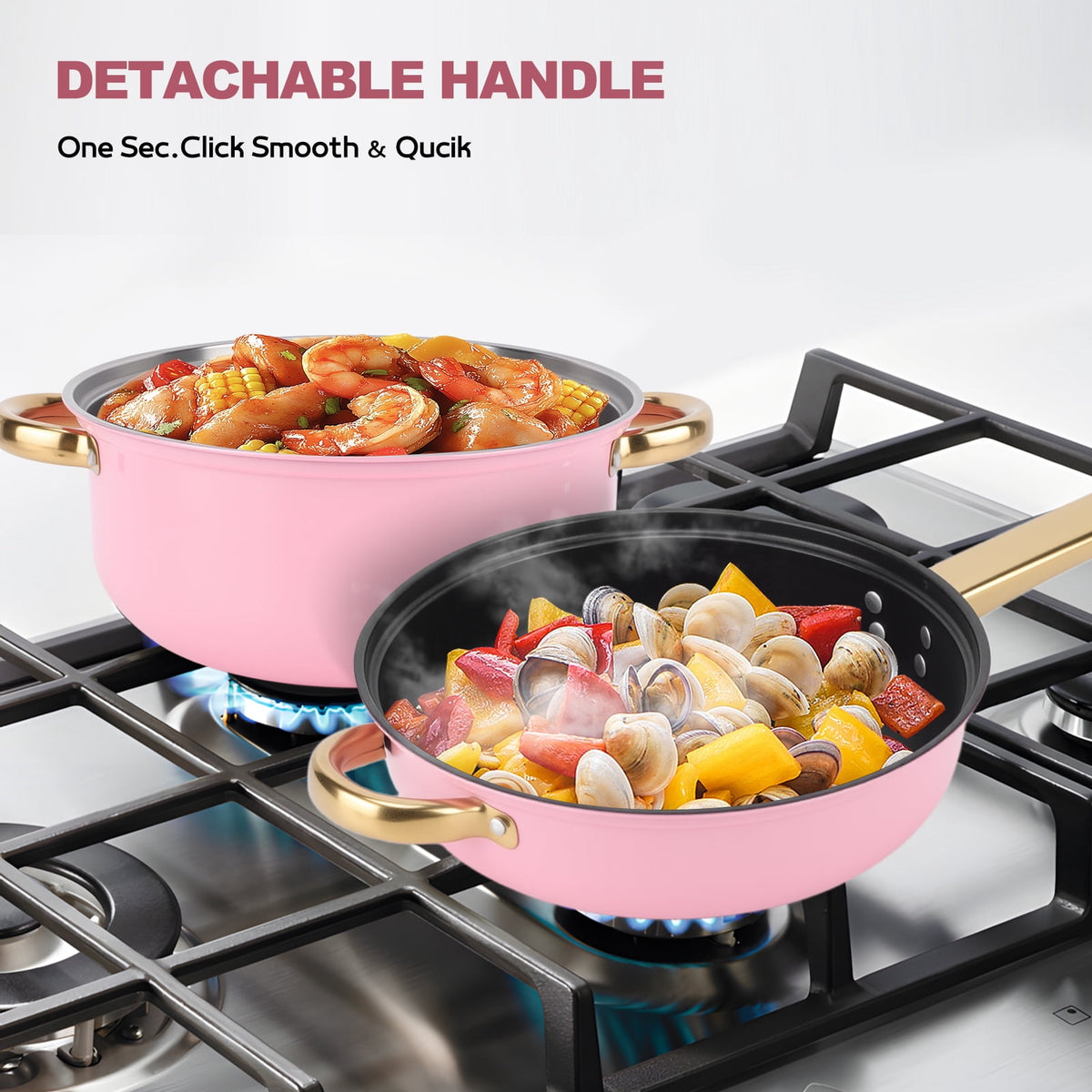 12 Piece Stainless Steel Cookware Set, Nonstick Cookware Set, Kitchen Pots and Pans Tea Kettle Set with Glass Lid for Cooking, Dishwasher, Pink