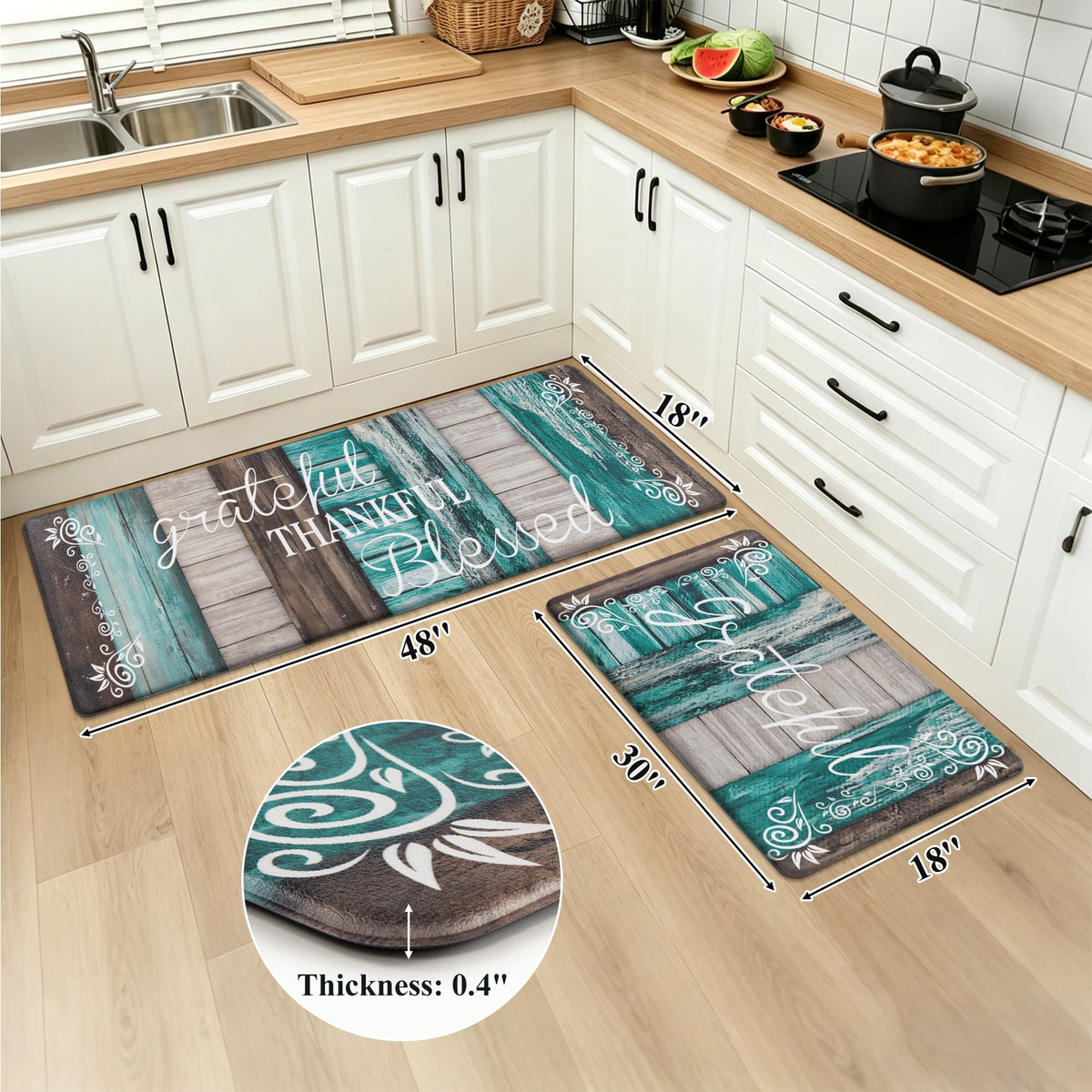 MeyJey Farmhouse Kitchen Rug Set of 2, Non-Slip Anti-Fatigue Waterproof Cushioned Mat for Kitchen, Dining & Laundry Room, 18"x30"+18"x48" Teal/Brown