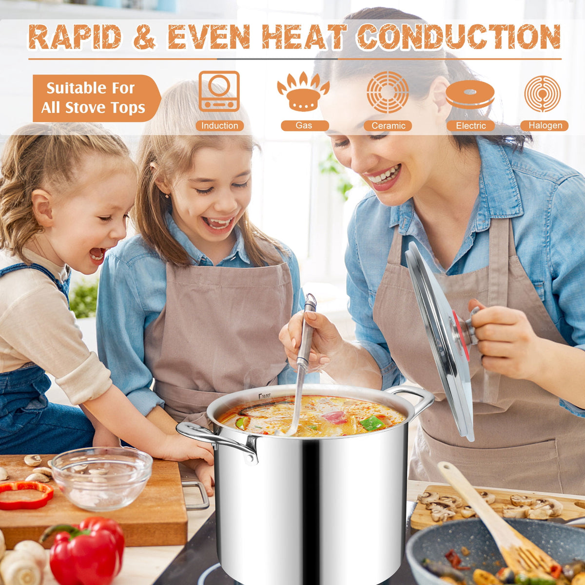 Coliware 8 QT Stainless Steel Stock Pot with Glass Lid, Cooking Soup Pot with 3-Ply Whole Clad for