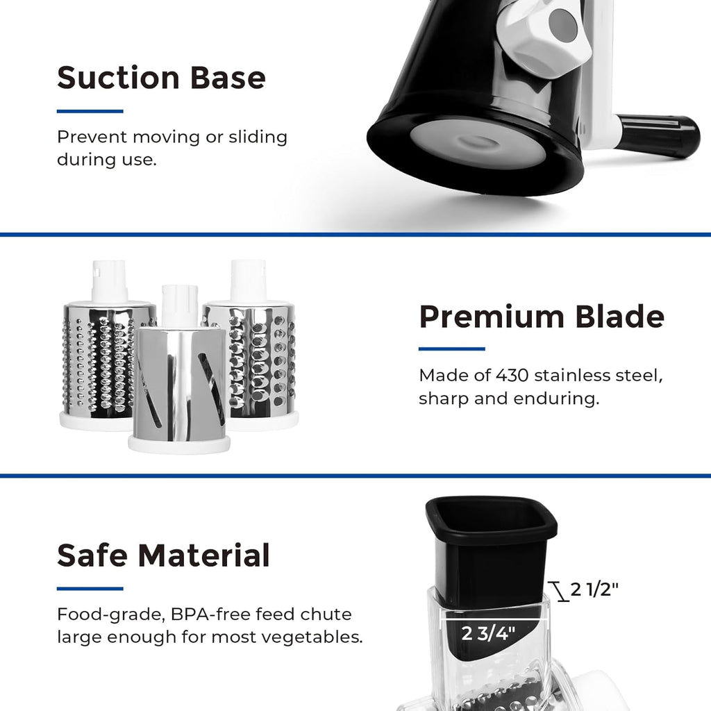 Premium Rotary Cheese Grater, Manual Cheese Grater for Kitchen, Handheld Vegetables Slicer Cheese Shredder with Rubber Suction Base, 3 Stainless Drum Blades Included,Blue