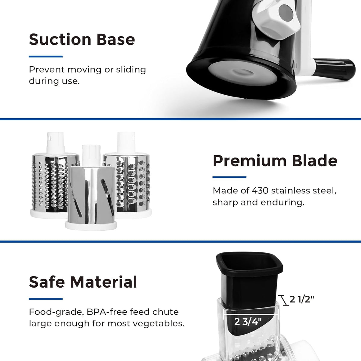 Premium Rotary Cheese Grater, Manual Cheese Grater for Kitchen, Handheld Vegetables Slicer Cheese Shredder with Rubber Suction Base, 3 Stainless Drum Blades Included,Blue