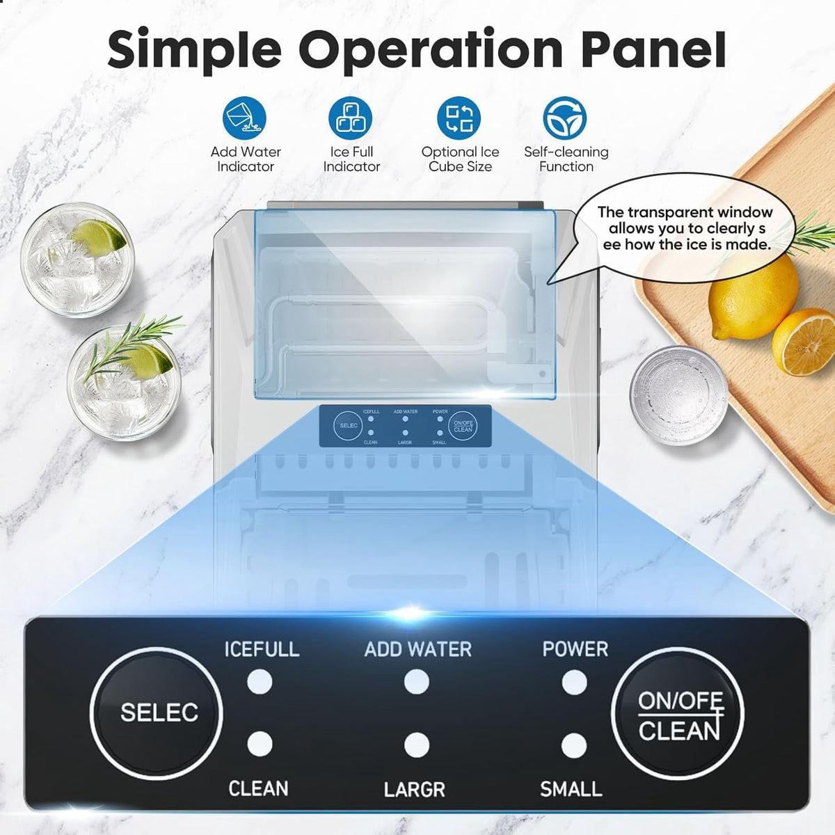 Ice Maker, Portable Countertop Icemaker Machine, Self Cleaning Quiet 2 Sizes Bullet Cubes Makers, 9 Cubes in 6 Mins, 26lbs/24Hrs with Ice Scoop, Basket for Home Kitchen Party,White
