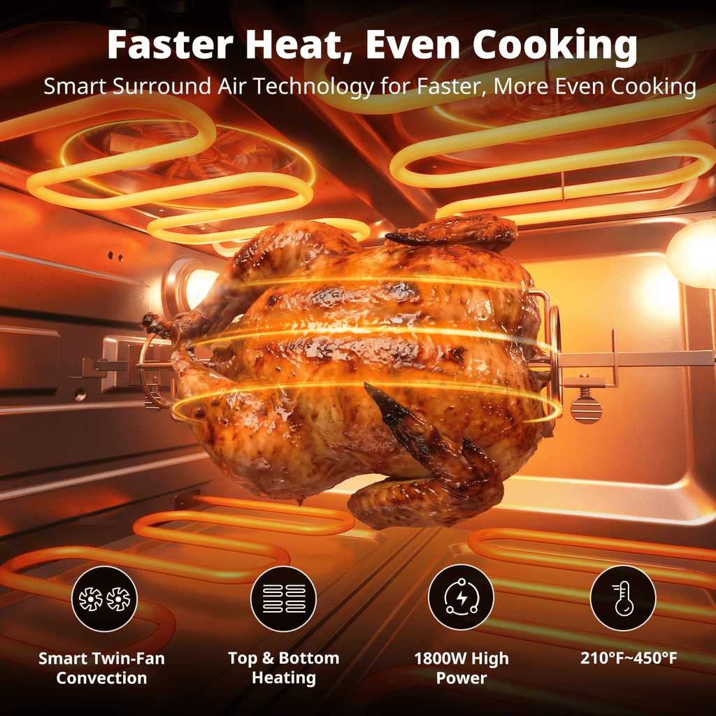 AIRMSEN 32 QT Dual Zone Air Fryer Toaster Oven Combo, 15 PCS Set, French Door Countertop Convection Oven, 1800W, 450°F Max Temp, Touchscreen, 360° Auto Rotisserie Spit, Bake, Broil, Roast