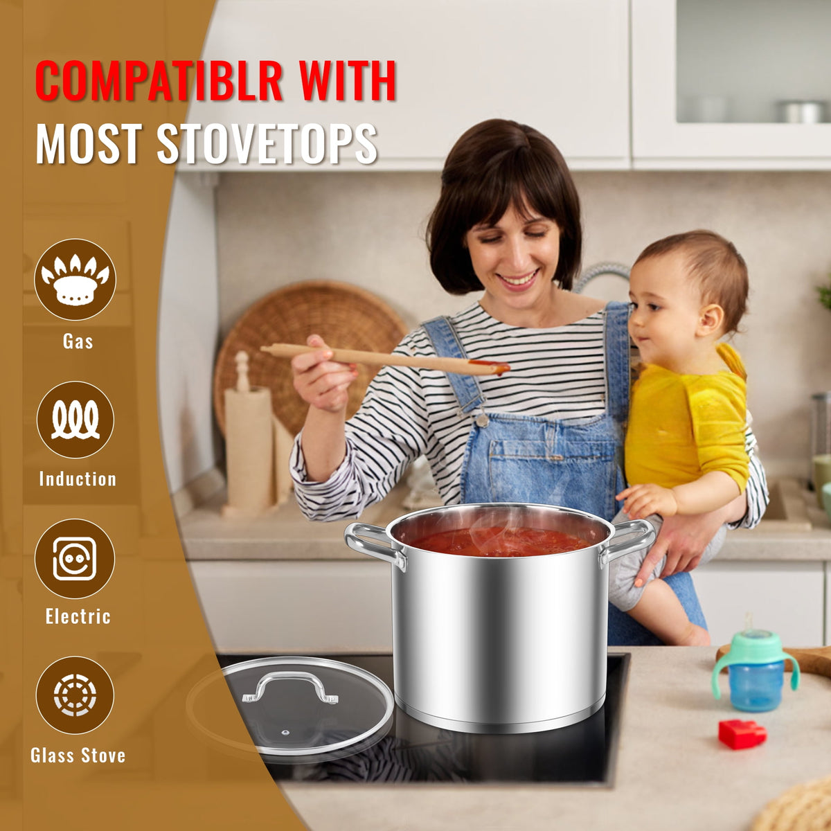 Coliware Large Stock Pot, 12 QT Trip-Ply Bottom Stainless Steel Cooking Pot with Tempered Glass Lid, Soup Pasta Cookware Compatible with Gas Induction Electric Stoves, Ollas de Cocina
