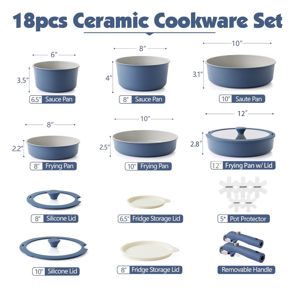 SENSARTE 18-Piece Ceramic Cookware Set with Detachable Handle, Gray Nonstick Pots and Pans Set, Induction Compatible, Dishwasher/Oven Safe, Healthy Cooking Set for RV & Camping