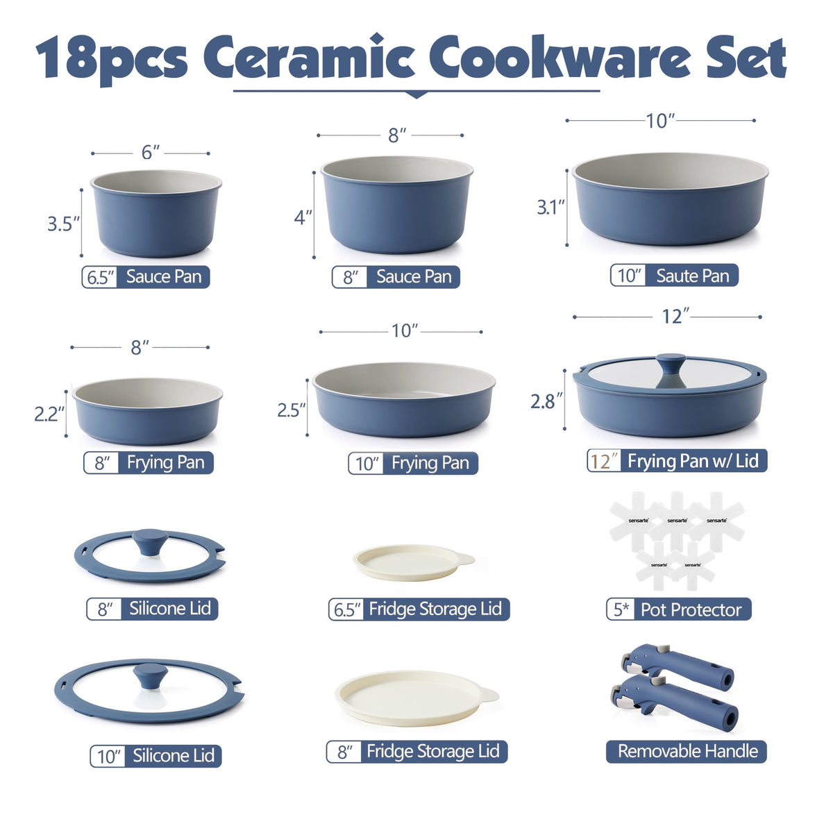 SENSARTE 18-Piece Ceramic Cookware Set with Detachable Handle, Gray Nonstick Pots and Pans Set, Induction Compatible, Dishwasher/Oven Safe, Healthy Cooking Set for RV & Camping