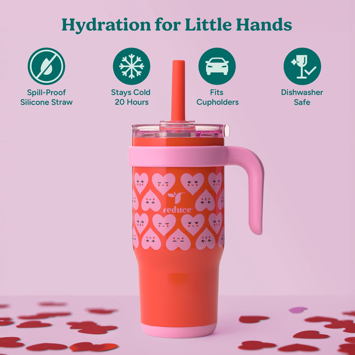 Reduce Coldee Kids Insulated Tumbler with Straw, 18oz Stainless Steel Spill-Proof Cup with Handle, Smiles
