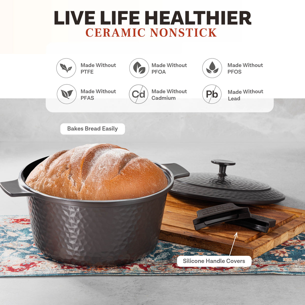 Gotham Steel Ceramic Hammered 5 Qt Lightweight Dutch Oven Pot with Lid & Holders, Oven Safe & Even Heat Retaining Dutch Oven for Bread Baking Sourdough, Soup, 70% Lighter than Cast Iron, Navy