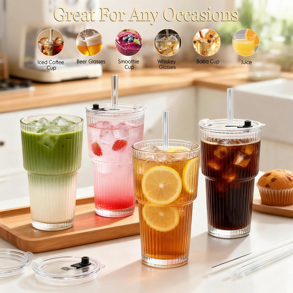 TAIMASI 4-Pack Ribbed Glass Tumblers with Lids, Straws and Cleaning Brush, 20oz Leakproof for Iced Coffee，Cocktails, Juice