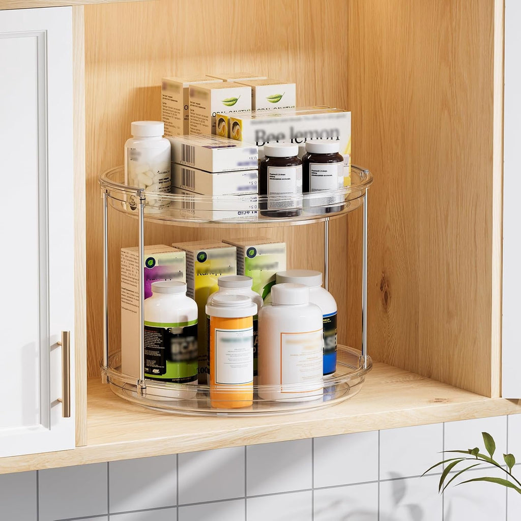 ROSSNY 2 Pack 9.25" 2-Tier Lazy Susan Turntable Organizer Countertop Kitchen Organization and Storage Spice Rack Bathroom Vanity Holder, Clear