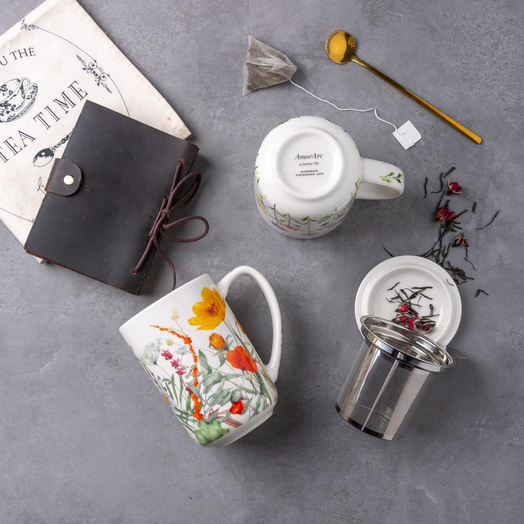AmorArc Porcelain Tea Mug with Infuser and Lids, 18 Oz Cup Strainer Bag Holder for Loose Leaf Tea, Steeping Coffee Well-wrapped Box House-warming Wedding Birthday Gift, YelloRed