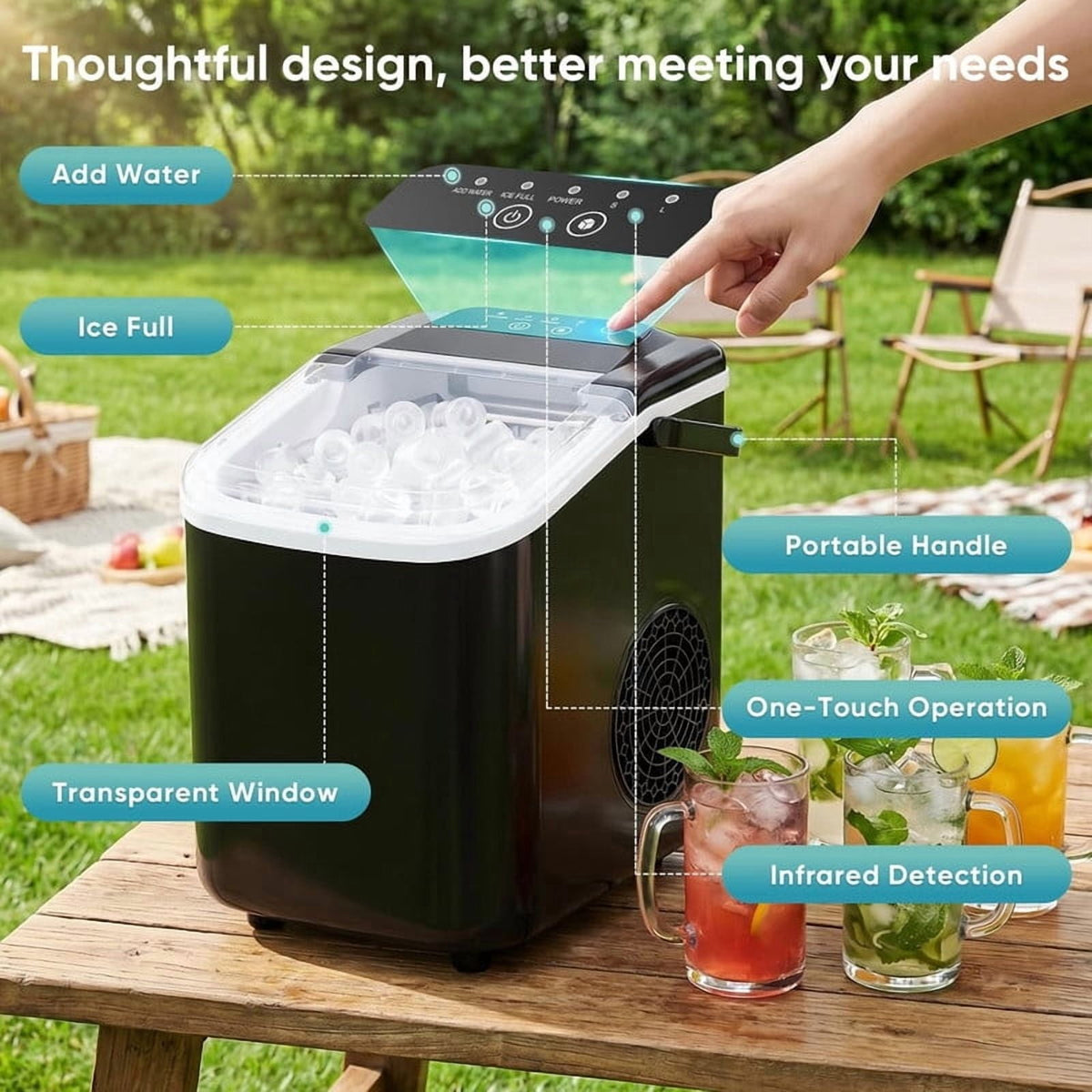 Simenmax Ice Maker Countertop – 26lbs Desktop ice maker with Handle for Home, Kitchen, Office, Outdoors, RV, Camping, White