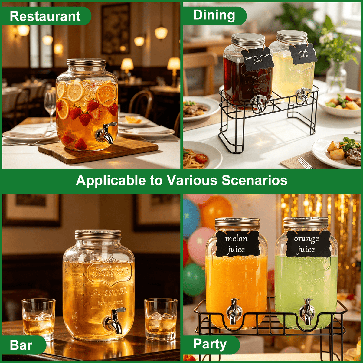 1 Gallon Glass Drink Dispensers for Parties, TAIMASI 2 Pack Beverage Dispenser with Stand & Stainless Steel Spigot, Leakproof Lemonade Drink Dispenser for Sun Tea, Homemade Juice
