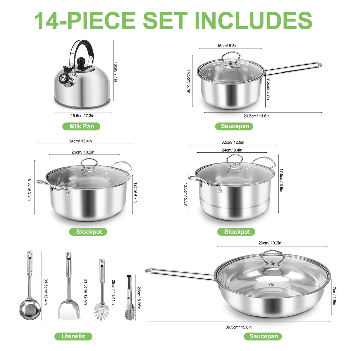 15 Piece Stainless Steel Cookware Set, Pots and Pans Set with Lids Non Toxic, Kitchen Induction Cookware with Utensil Sets For Oven & Dishwasher ,Heavy Premium Kitchen Cooking