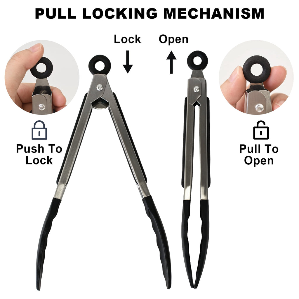 Kitchen Tongs Set, 3 Pcs Heat Resistant Silicone Tipped Cooking Tongs, 7"/9"/12" Stainless Steel Locking Tongs for BBQ, Salad & Grilling