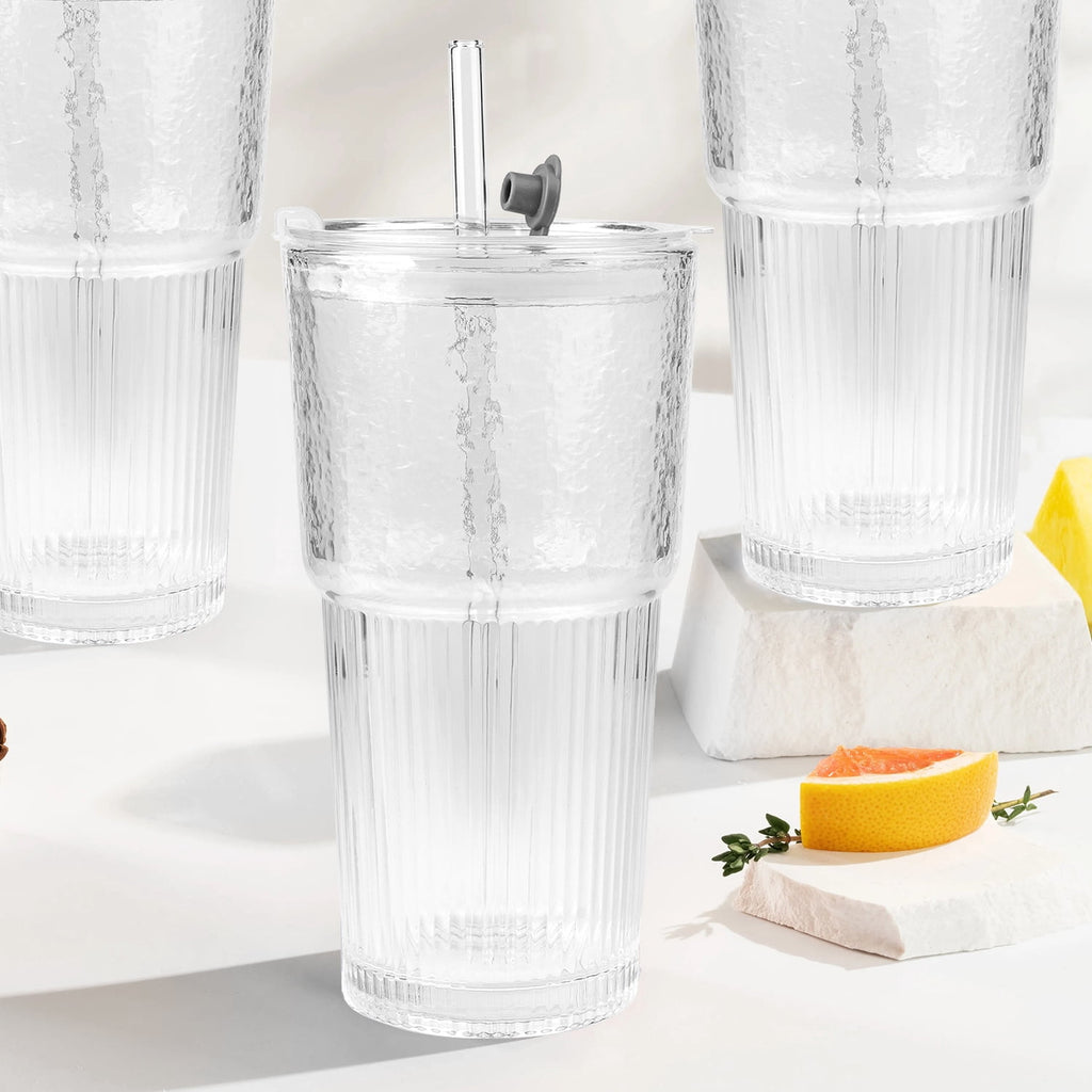 2 Piece 20 oz Glass Cups with Lid and Straw,High Borosilicate Tumbler, Iced Coffee Cup, Beer Glasses,Water Smoothie,Clear