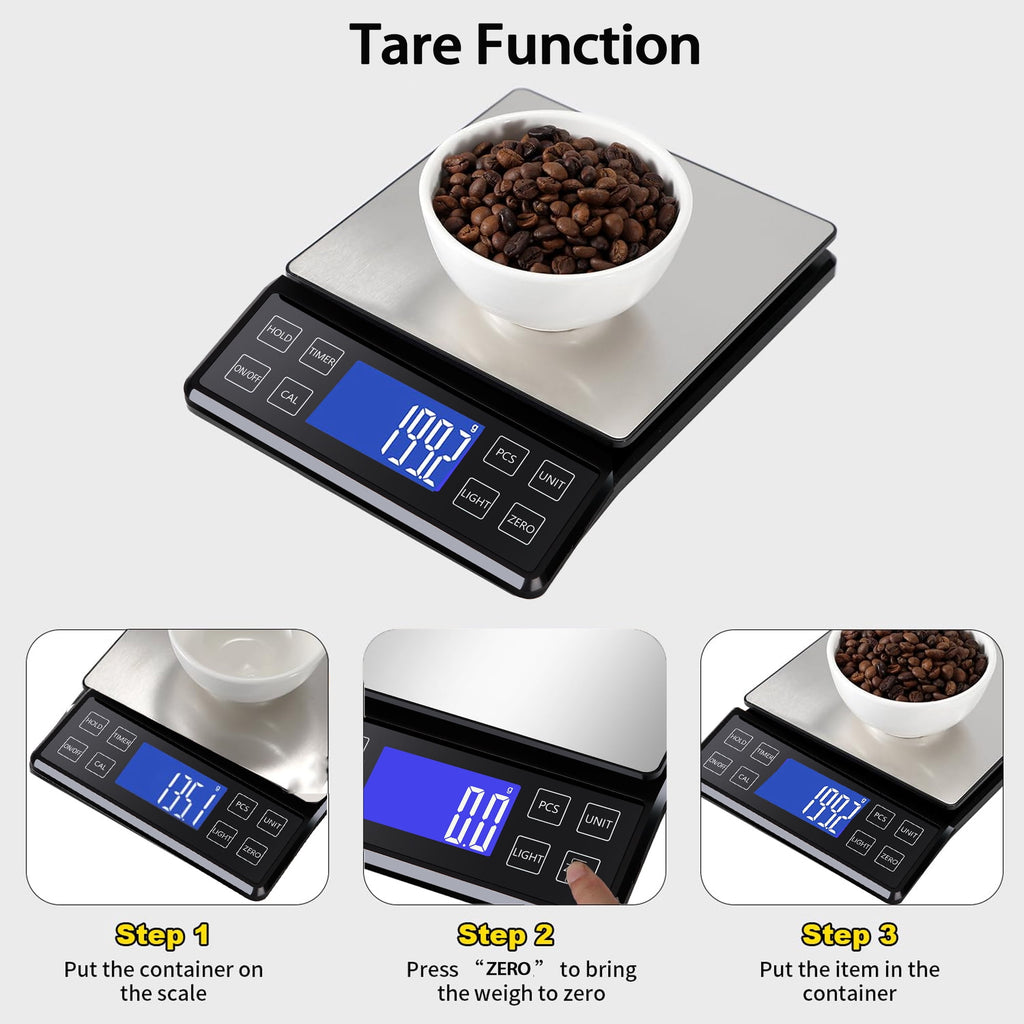 ZOWWKLLY Digital Food Kitchen Scale, Gram Scale 0.1g/0.001oz Accuracy,5kg/11lb Stainless Steel with 9 Units, Tare Function& LCD Display, USB Rechargeable & Battery Powered, Espresso, Baking, Cooking