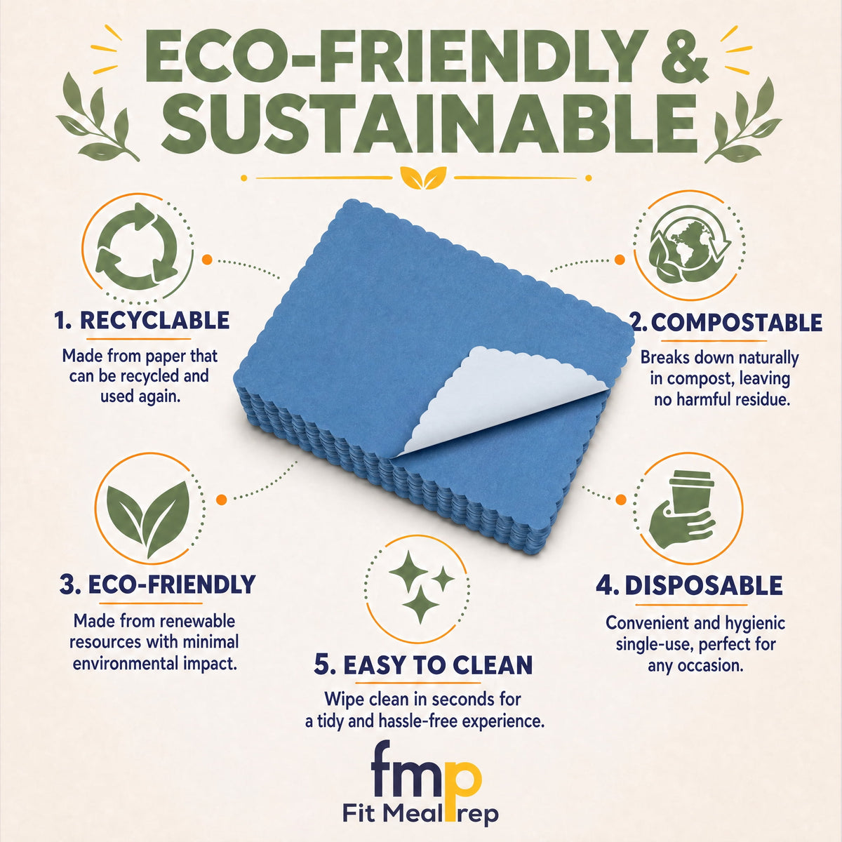 Fit Meal Prep Paper Placemats Disposable 200 Pack – 14"x10" White Paper Placemats Scalloped Edge Place Mats for Kids Restaurants Weddings Birthday Party Supplies