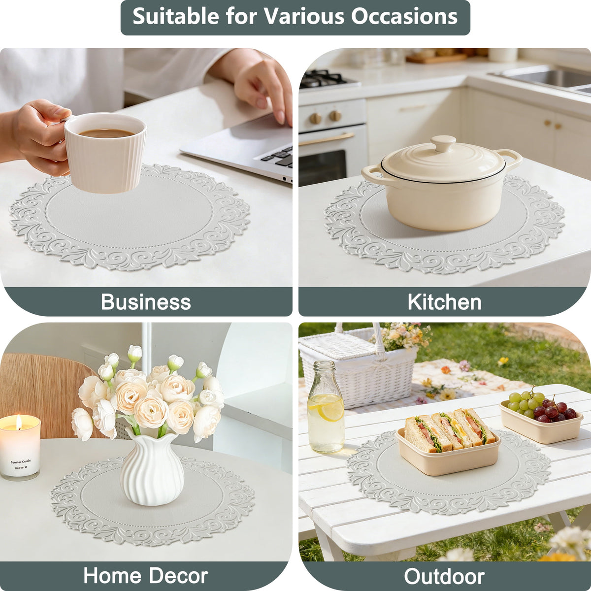 VCVCOO Placemats Set of 4 Beige Leather Place Mats Waterproof Wipeable Heat Resistant Sturdy Rectangle Kitchen Dining Table Mats for Indoor Outdoor Reversible Easy to Clean Place Mats