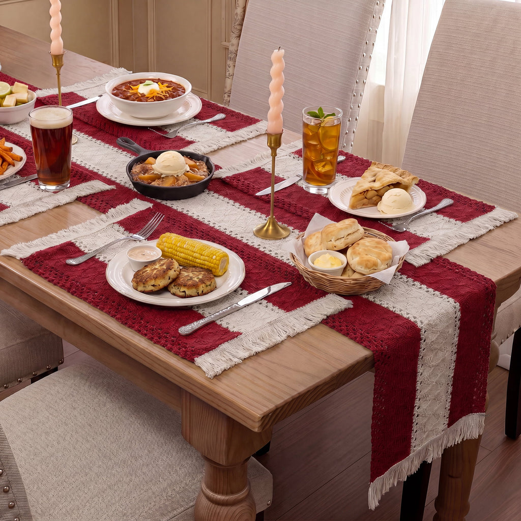 MeyJey Table Runner and Placemats Set of 4, Washable Fabric Rectangle Dining Table Mats with Tassels for Dining Tables, Kitchen, Red/Beige