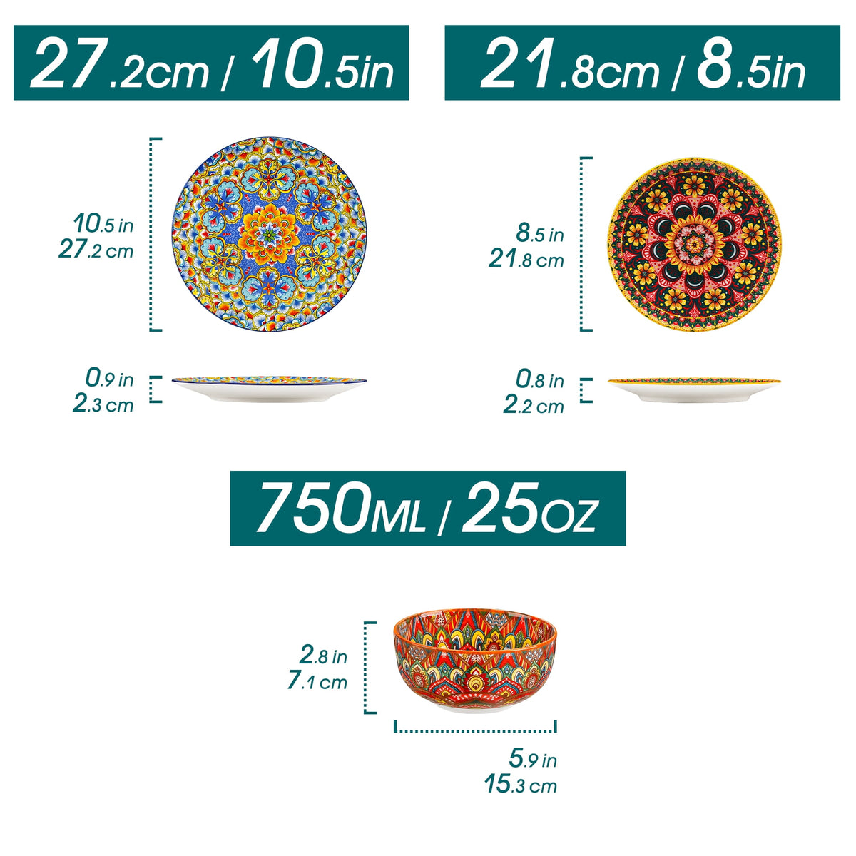 Vancasso Dinnerware Set, Porcelain Plates and Bowls Set for 4, 12 Pieces Ceramic Boho Dish Set for Kitchen, Dishwasher and Microwave Safe, Series LUMI