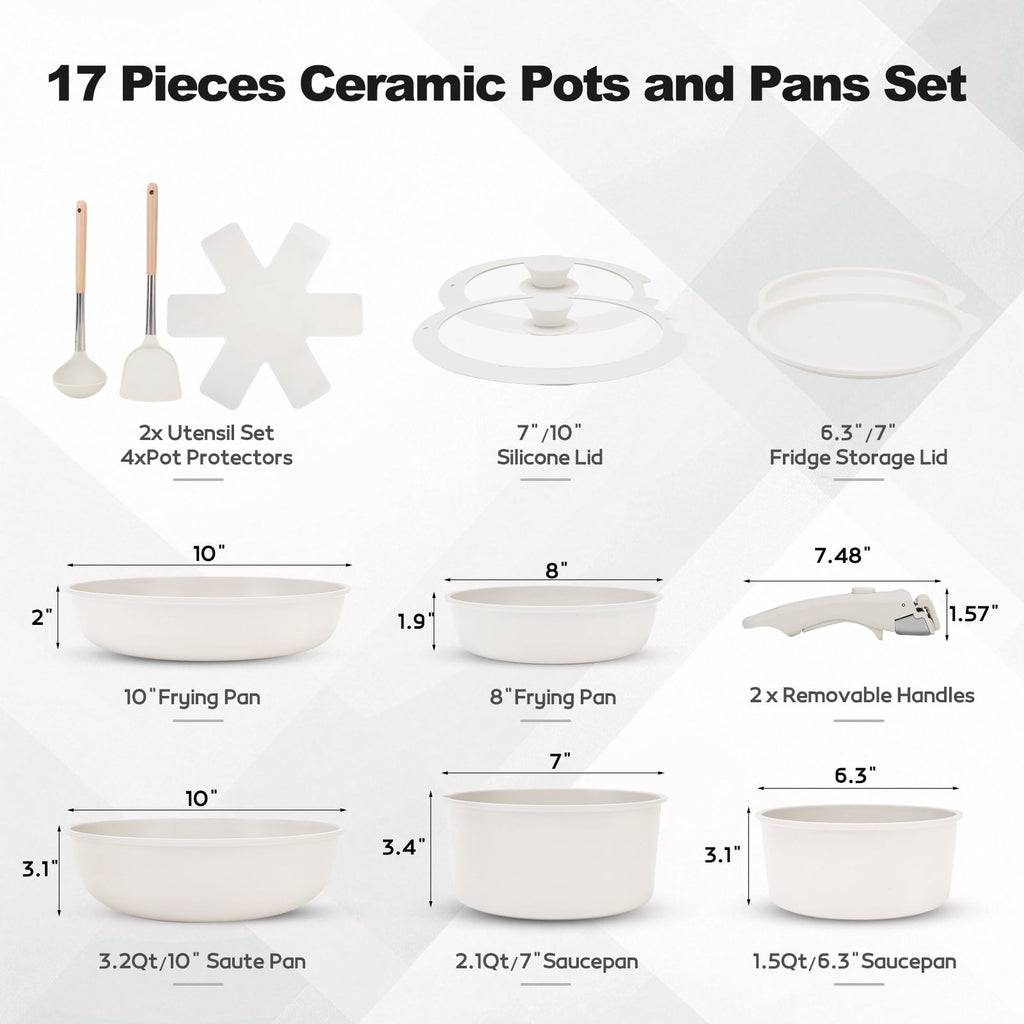 17 Piece Ceramic Pots and Pans Set Non Stick, Cookware Set with Detachable Handle, Oven Safe, Induction Ready, Stackable RV Kitchen Cooking Set Removable Handles, Cream White