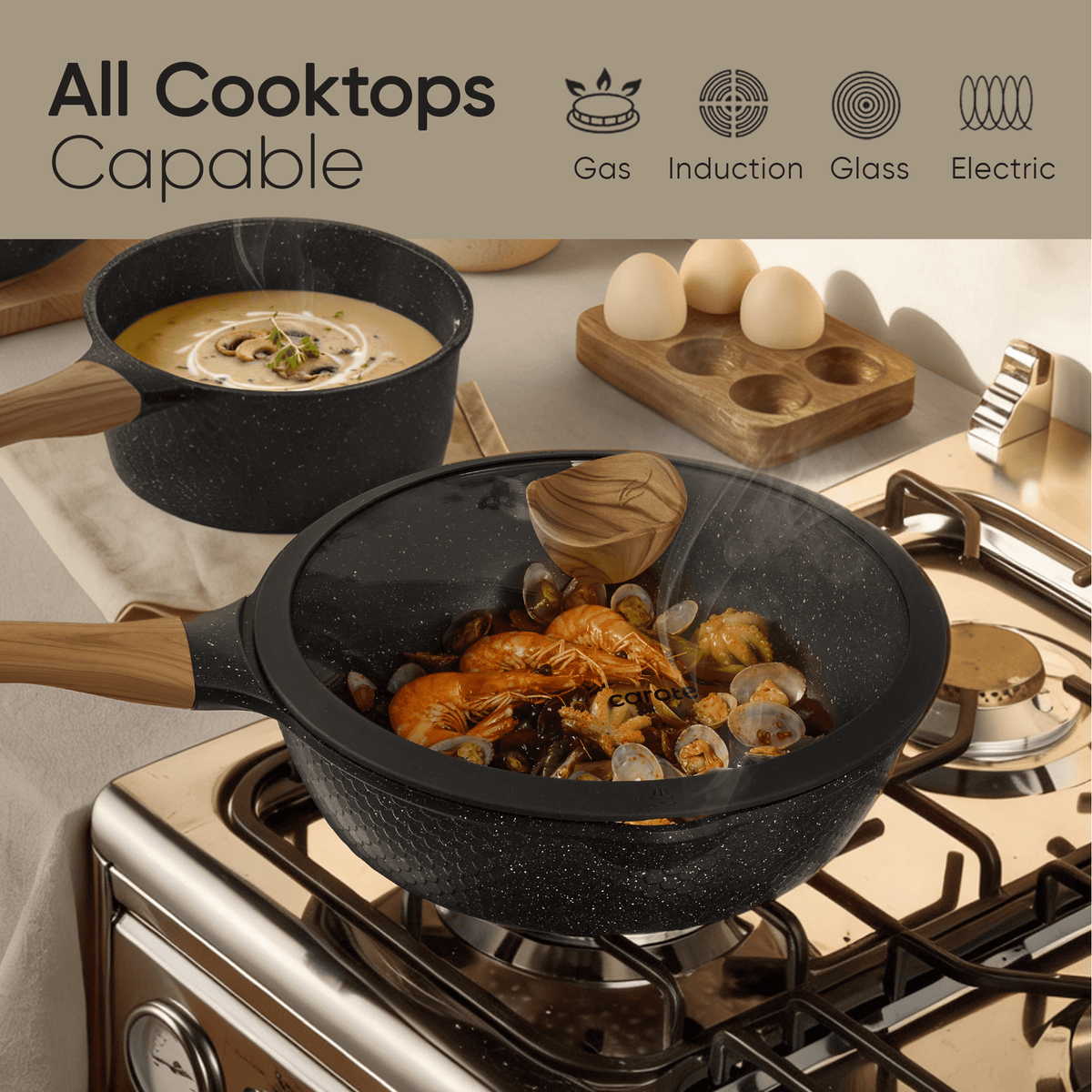 CAROTE 19-Piece Ceramic Pots and Pans Set, Nonstick Cookware Set with Lids, Induction Compatible, Oatmeal