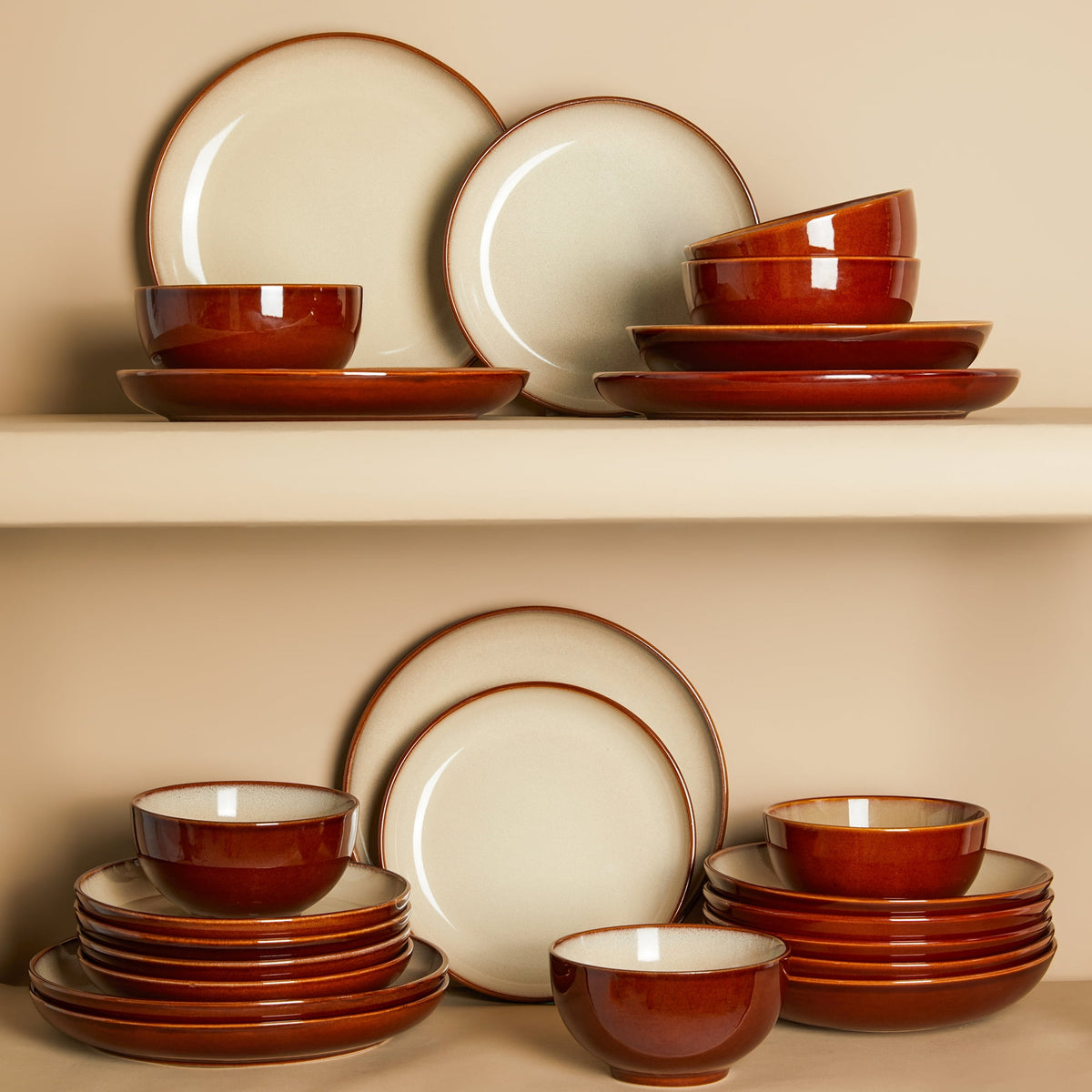 Pokini 12-Piece Stoneware Dinnerware Sets, Plates and Bowls Dish Sets for 4, Brown Green