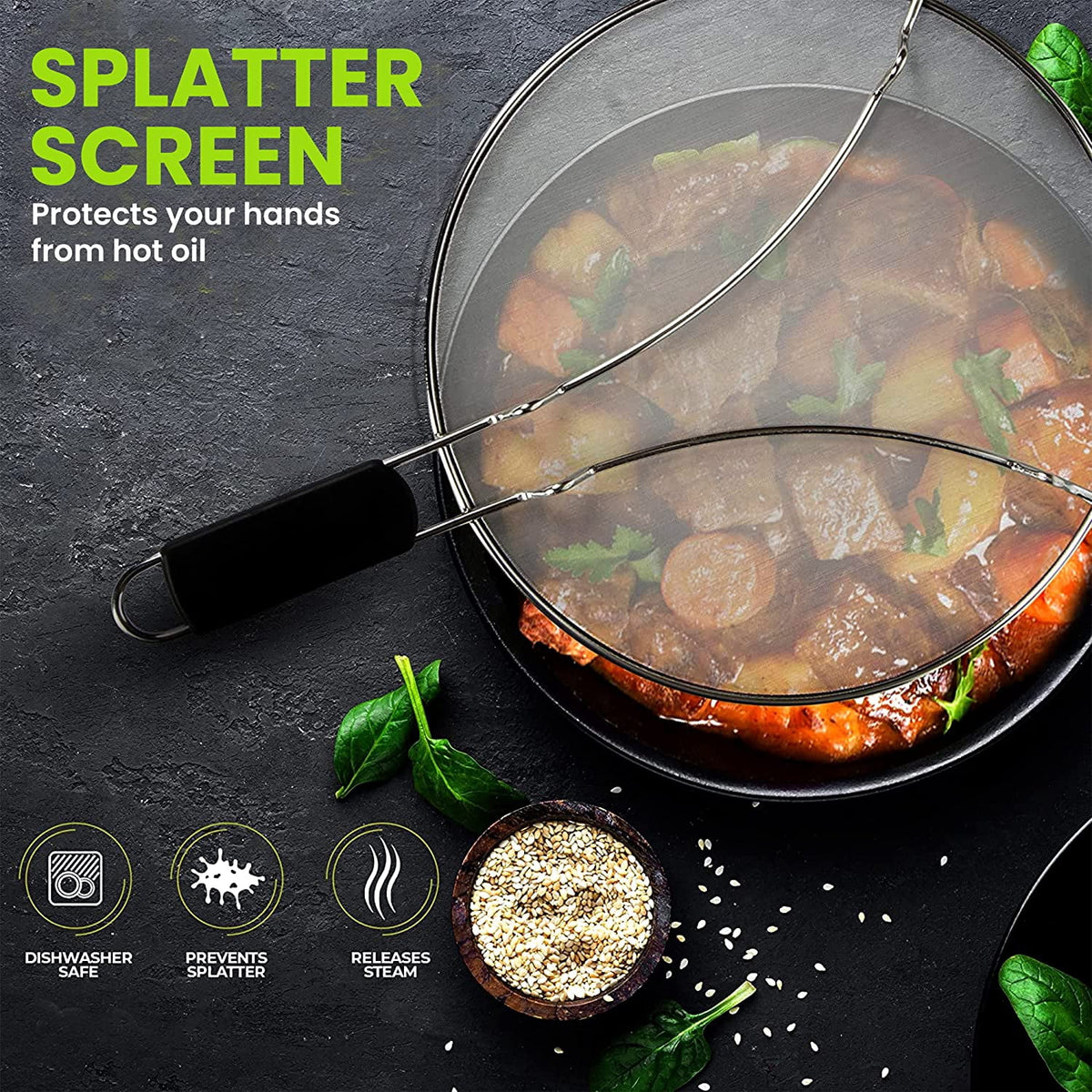 Kafoor 13 inch Grease Splatter Screen for Cooking with Soft-Grip|Splatter screen for frying pan|Works as a strainer