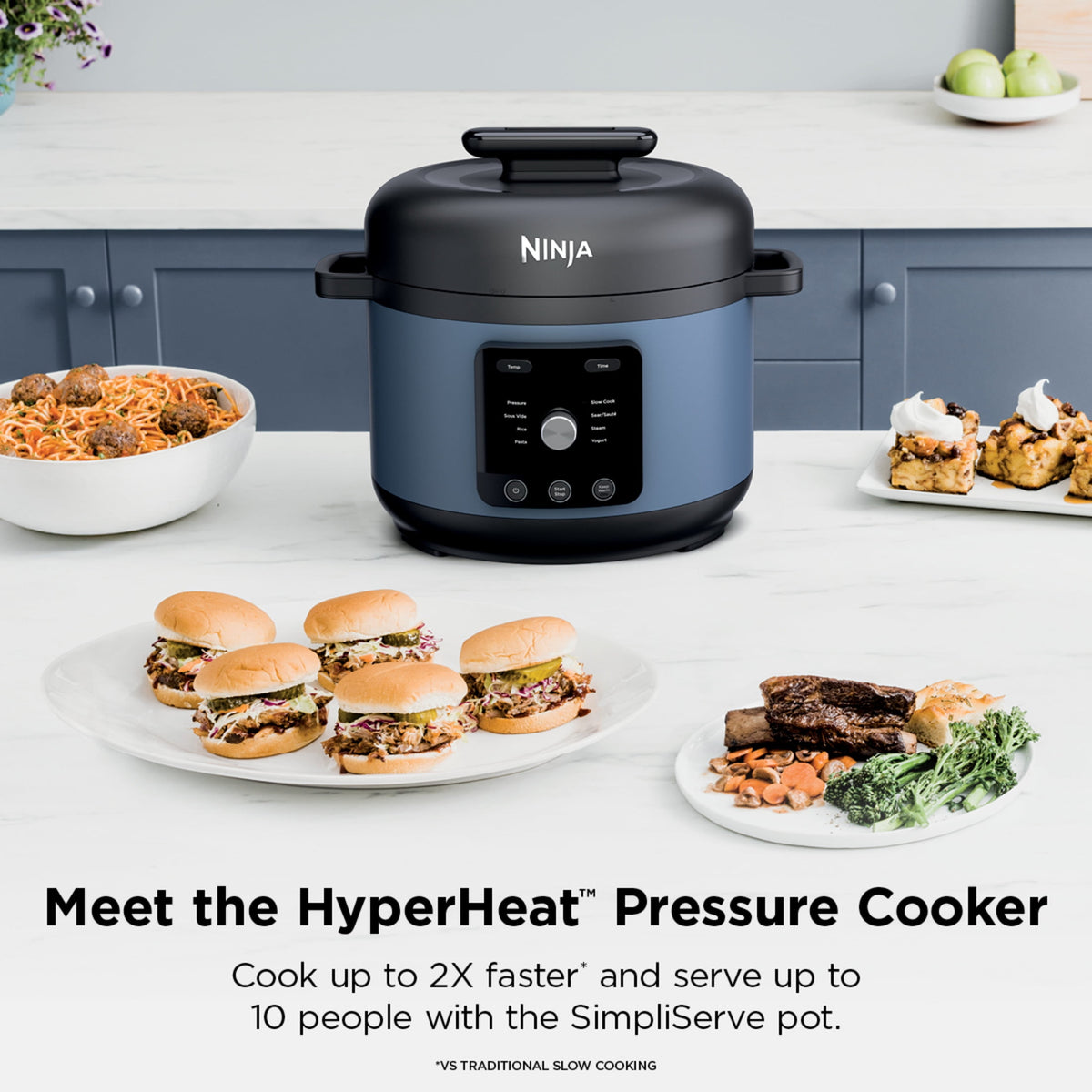 Ninja HyperHeat 8-in-1 Electric Pressure Cooker with SimpliServe Pot — 6.5 Qt, Cooks Up to 2X Faster, 1200W, Feeds 8–10, Sage Leaf