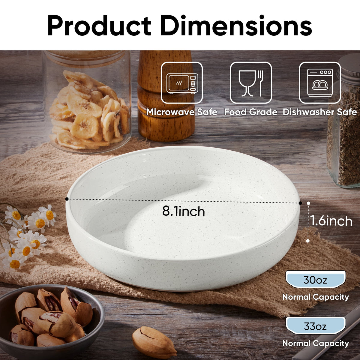 Vesteel Pasta Bowls Set of 6, 32oz Large Salad Bowl for Home Kitchen, Ceramic Serving Plates for Soup, Cereal, Fruits, Microwave & Dishwasher Safe, Speckled White