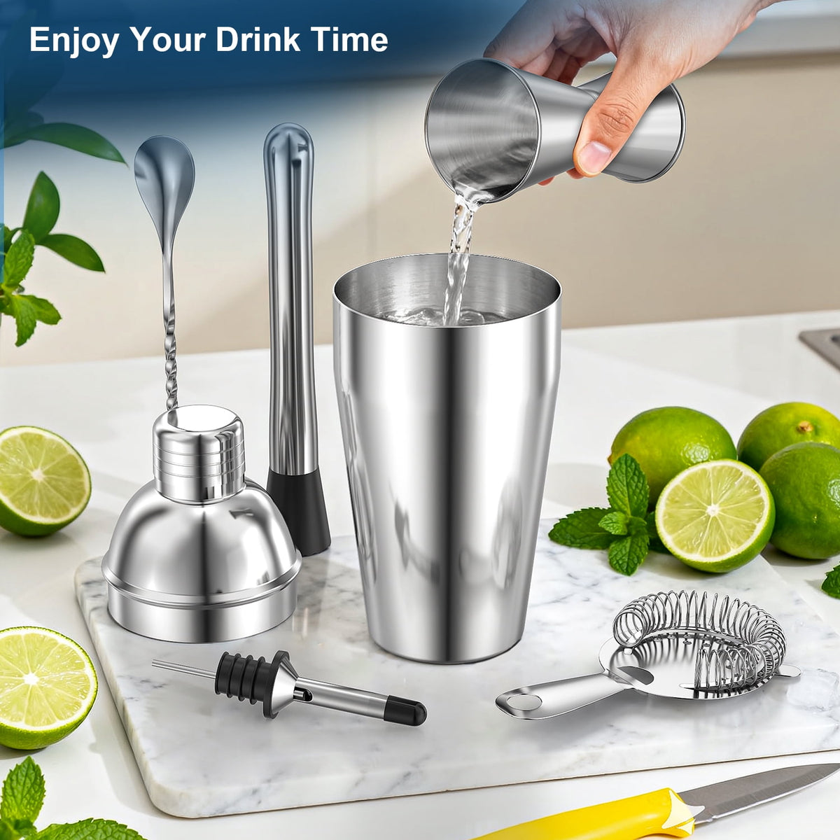 TINANA 6 PCS Cocktail Shaker Set, 25oz Shaker, Strainer, Muddler, Jigger, Mixing Spoon, Pour Spout, Stainless Steel Bartender Kit, Perfect for Home, Bar, or Gift