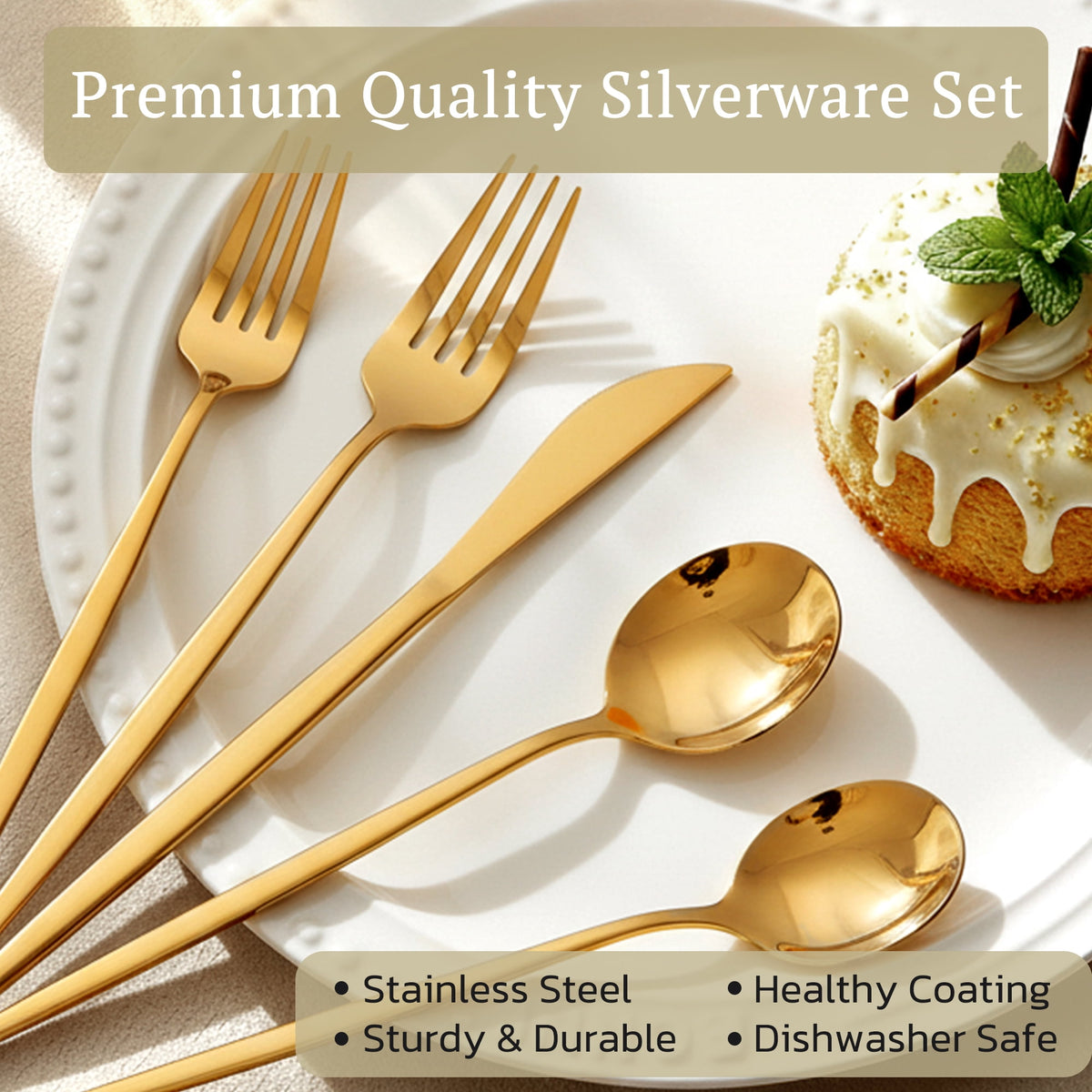 Astercook 25-Pieces Gold Silverware Set with Steak Knives for 4 - Great Food-Grade Stainless Steel Flatware Set, Mirror-polished Cutlery Utensil Sets, Ideal for Home Restaurant & Banquet Use, Gold