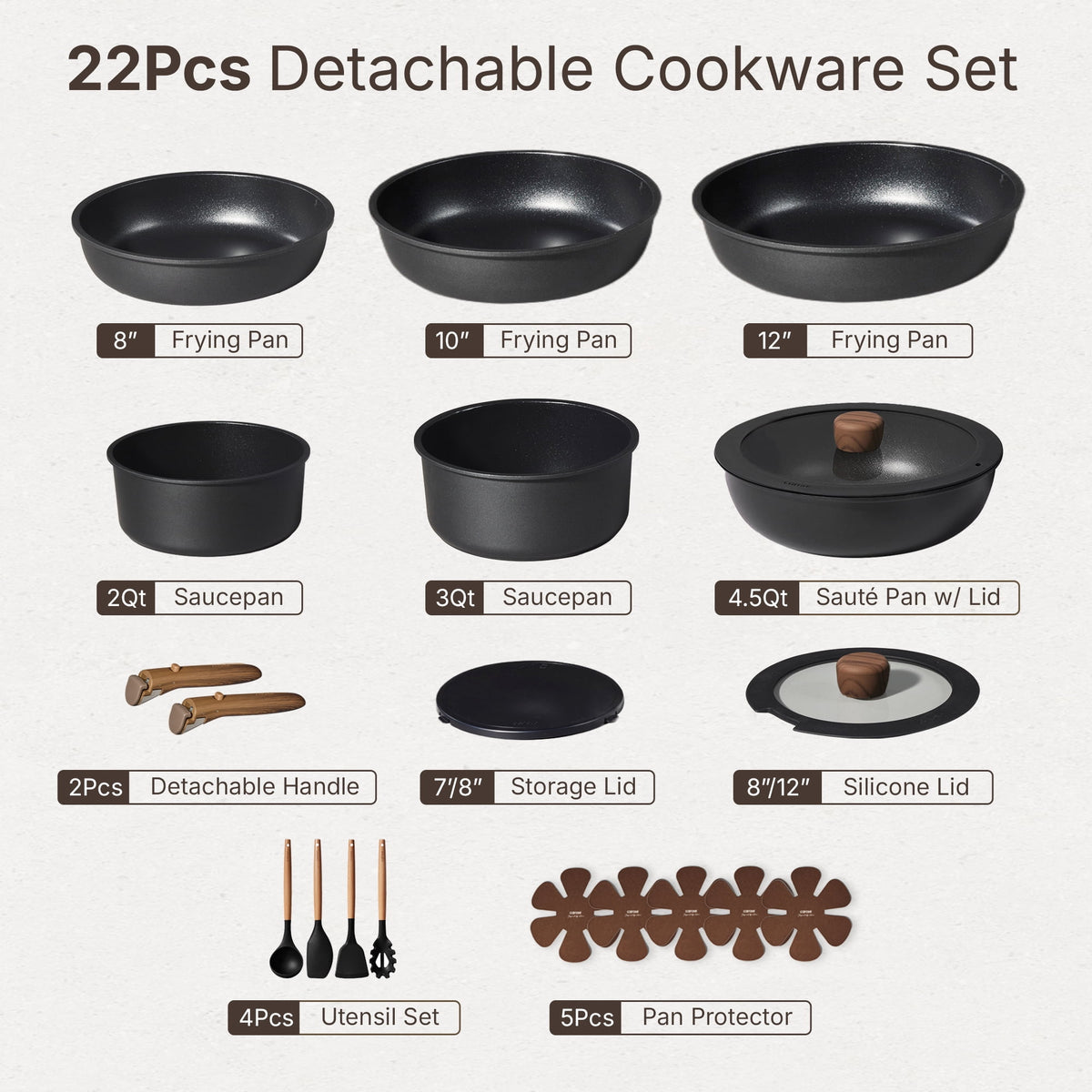 Carote 24-Piece Nonstick Cookware Set, Pots and Pans Set with Detachable Handle, Induction Compatible, Oven & Dishwasher Safe, Black
