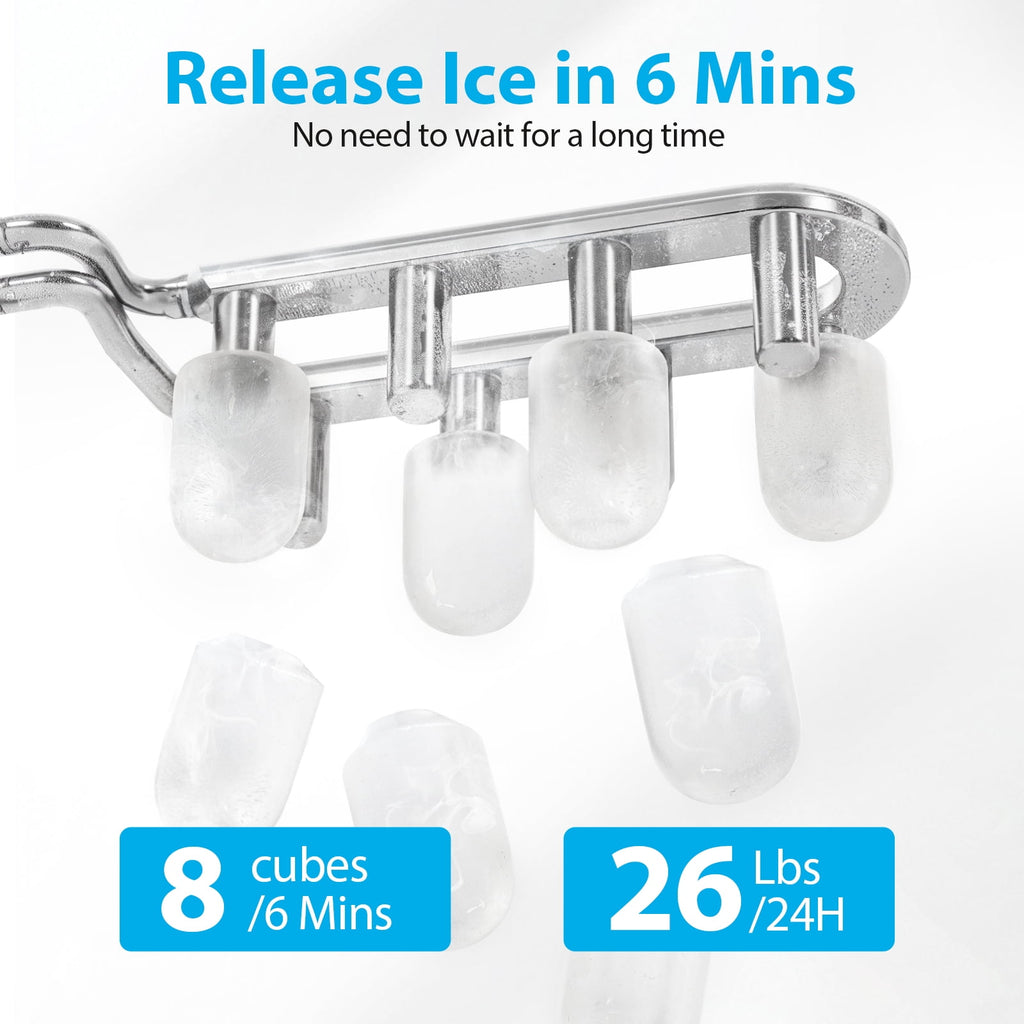 Aeitto Countertop Ice Maker Bullet Ice Machine, 8 Ice Cubes in 6 mins,26lb/Day Ice with 2 Sizes- Self-Cleaning Compact Portable Ice Makers for Home Kitchen, Office, RV
