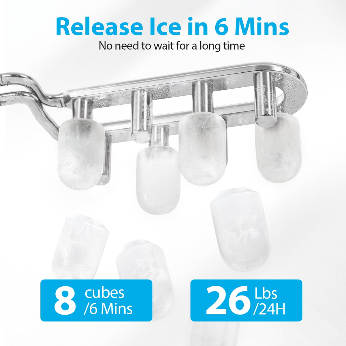 Aeitto Countertop Ice Maker Bullet Ice Machine, 8 Ice Cubes in 6 mins,26lb/Day Ice with 2 Sizes- Self-Cleaning Compact Portable Ice Makers for Home Kitchen, Office, RV