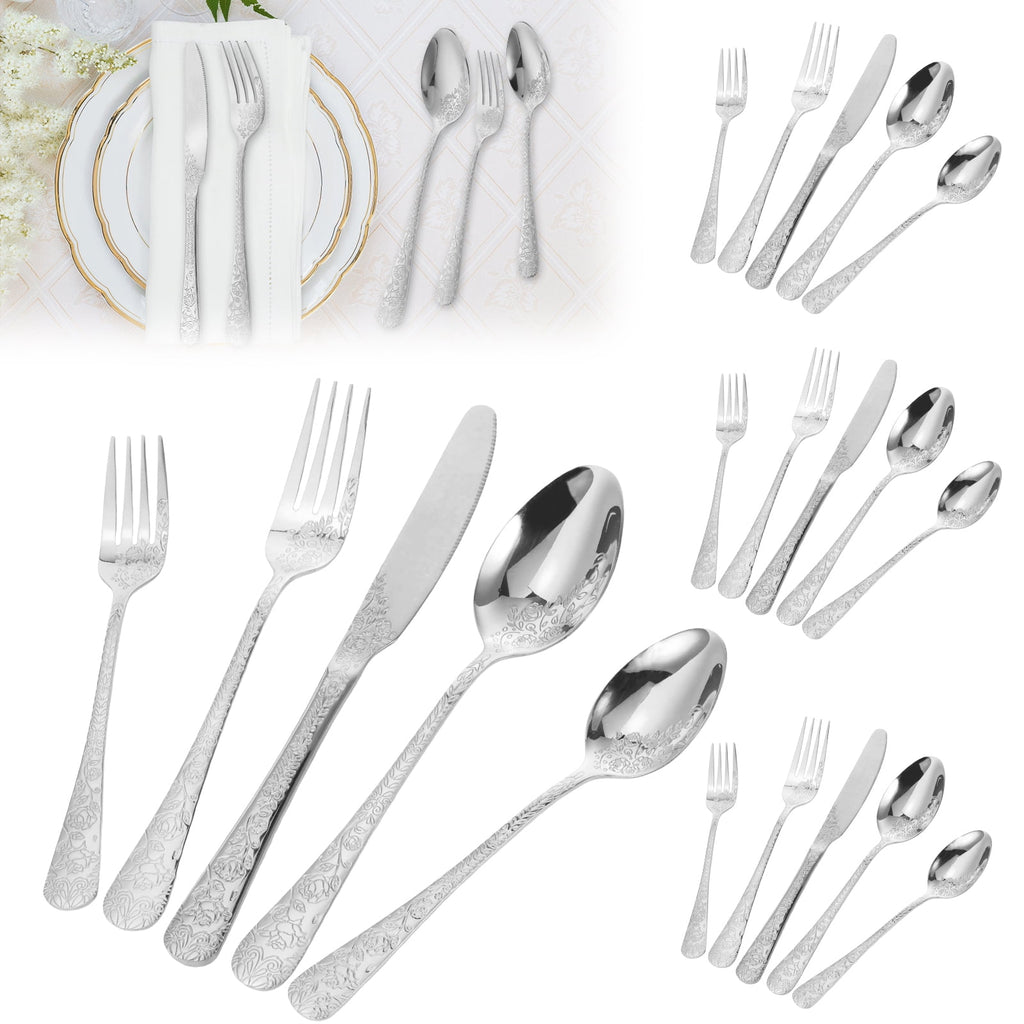 20 Pcs Floral Silverware Set Including Fork Spoon and Knife Stainless Steel Flatware Set Vintage Cutlery Set Mirror Polished Utensil Set for Kitchen Dishwasher Safe Service for 4