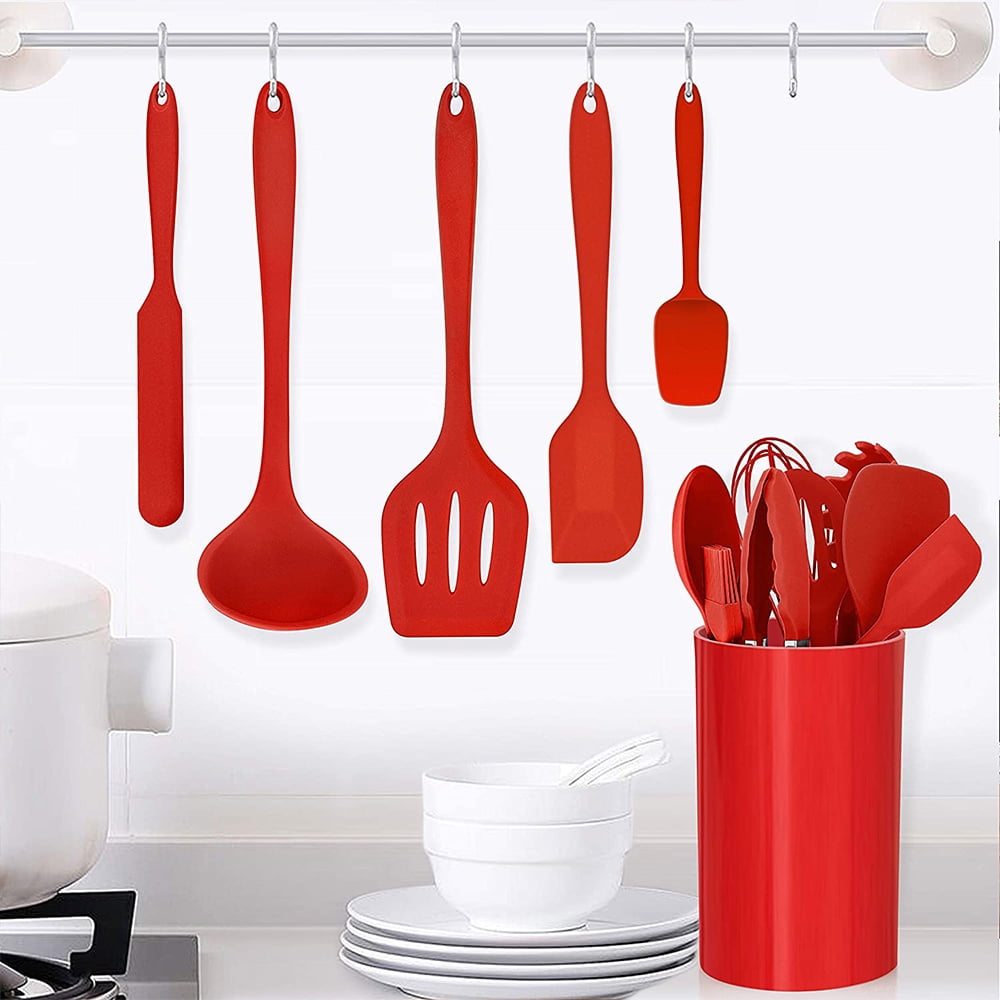 Walchoice 14 Pcs Cooking Utensils Set with Holder, Heat Resistant Silicone Kitchen Cookware Utensils Set, Kitchen Cooking Tools Includes Spatula Spoon Turner Whisk Tong, Dishwasher safe, Red