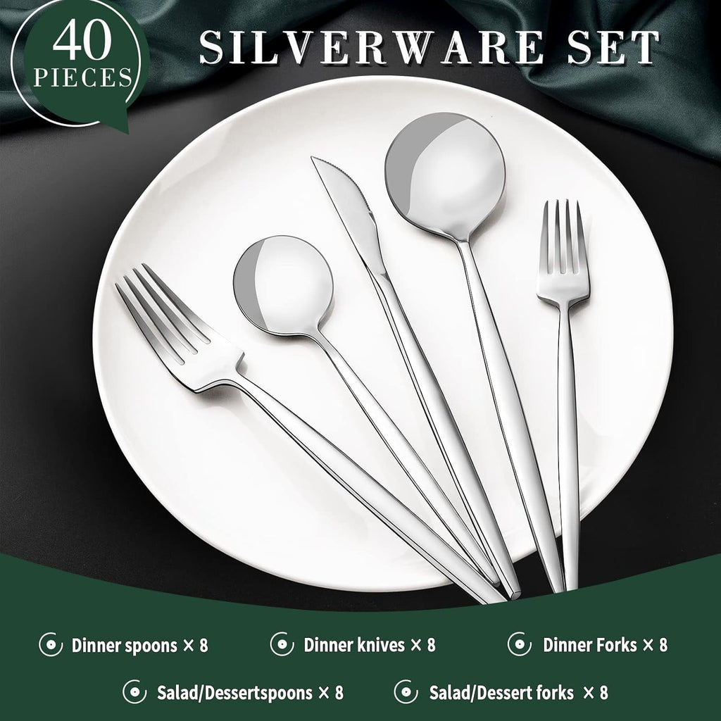 Silverware Set for 8, 40 Pieces Stainless Steel Flatware Set, Tableware Cutlery Set for Home and Restaurant, Knives, Forks, Spoons, Mirror Polished, Dishwasher Safe, Silver