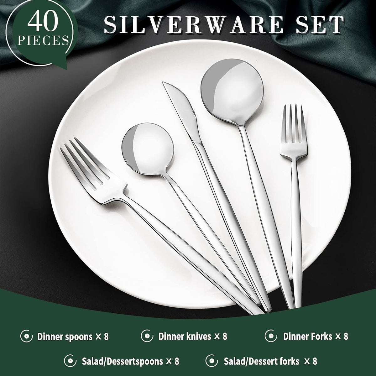 Silverware Set for 8, 40 Pieces Stainless Steel Flatware Set, Tableware Cutlery Set for Home and Restaurant, Knives, Forks, Spoons, Mirror Polished, Dishwasher Safe, Silver