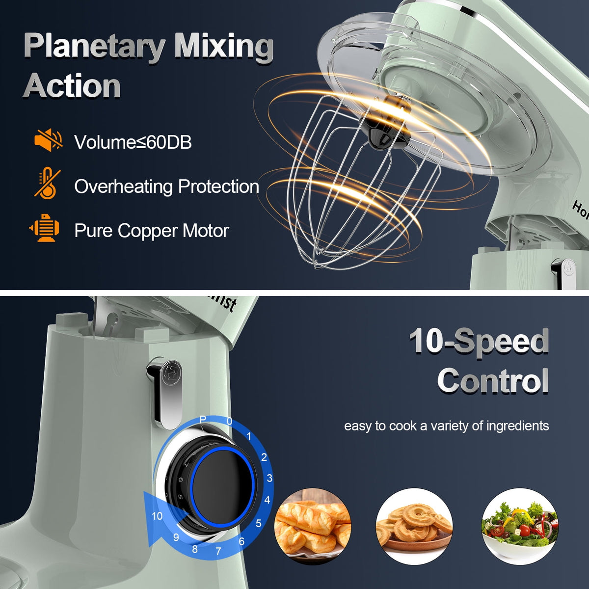 Honinst 6.5 QT Electric Stand Mixer, 10+P Speeds Lightweight with Tilt-Head Kitchen Stand Mixer, Dough Hook, Whisk, Beater and Bowl, Food Mixer for Baking, Cake and Most Home Cooks
