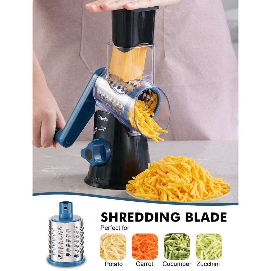 Geedel Rotary Cheese Grater, Kitchen Grater with Strong Suction Base, Dishwasher Safe, Easy to Clean Grater for Cheese,Vegetable, Nuts (3 Blades)