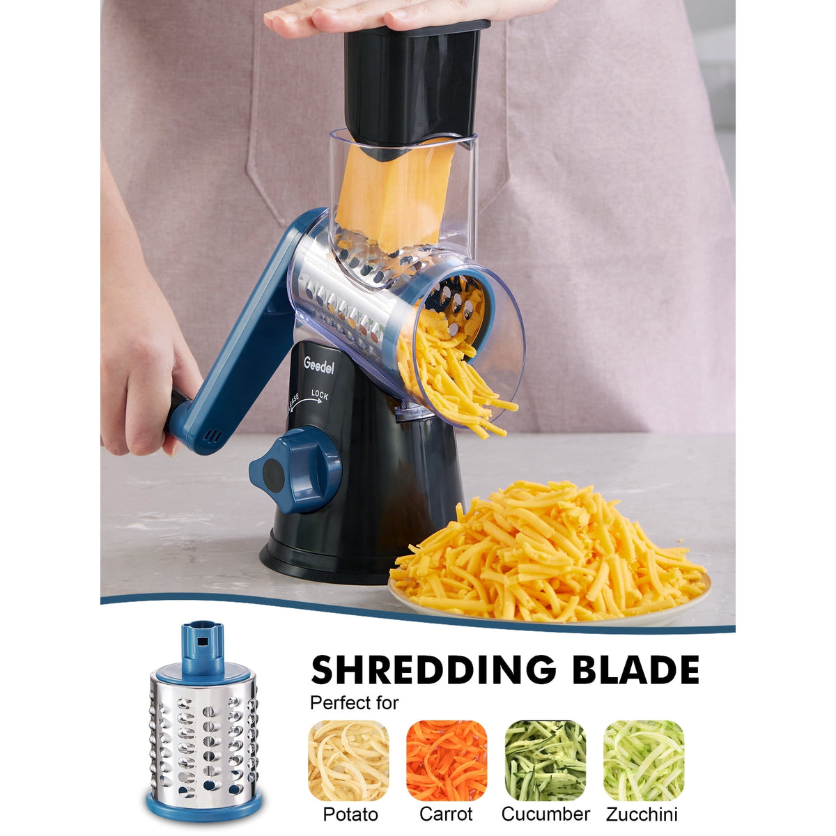 Geedel Rotary Cheese Grater, Kitchen Grater with Strong Suction Base, Dishwasher Safe, Easy to Clean Grater for Cheese,Vegetable, Nuts (3 Blades)