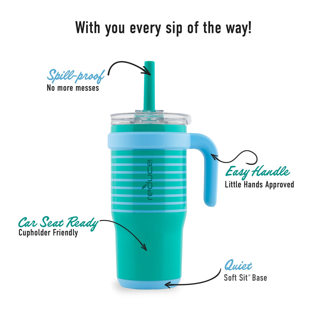 Reduce Coldee Kids Insulated Tumbler with Straw, 18oz Stainless Steel Spill-Proof Cup with Handle, Smiles