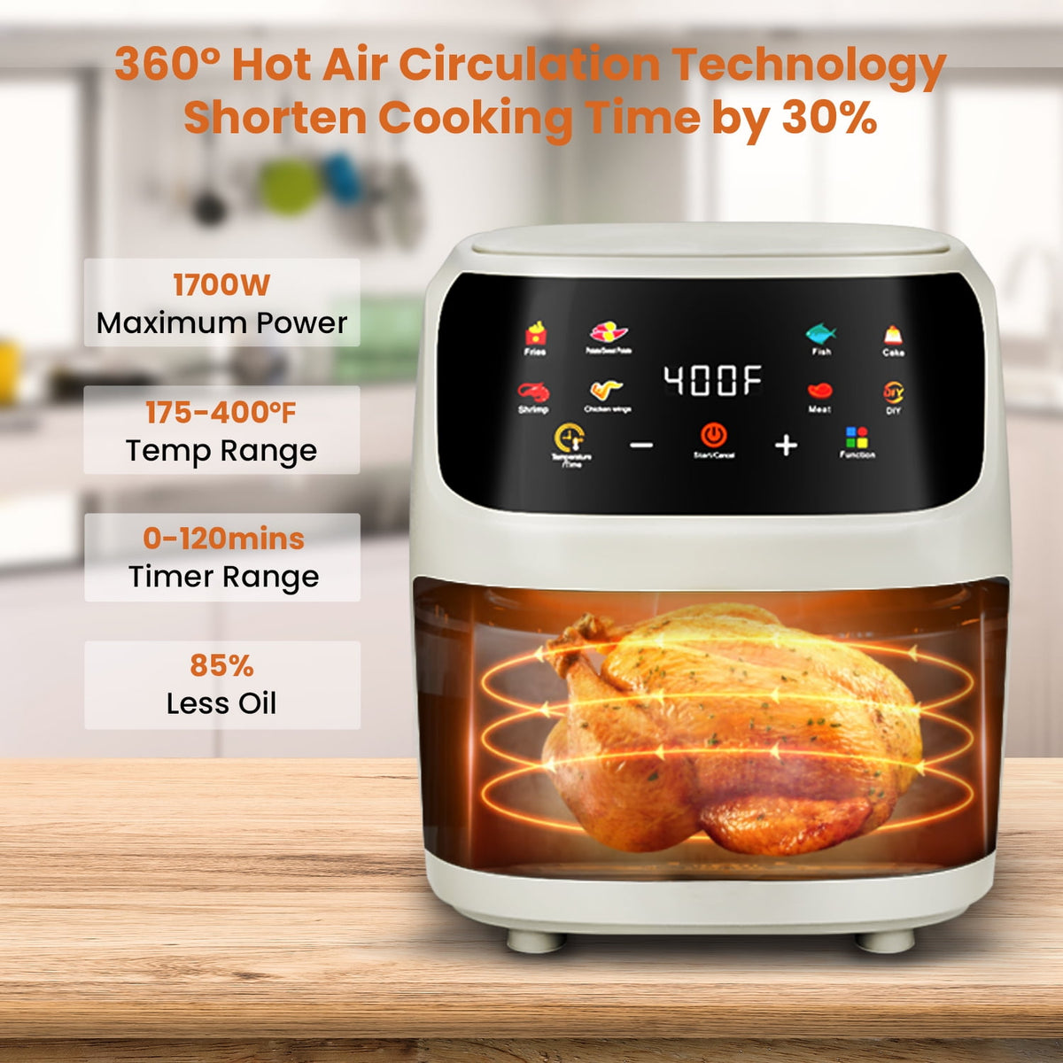 Bluebow Air Fryer Large 7.5QT, 8-in-1 Digital Touchscreen, Visible Cooking Window, 1700W, Cream White